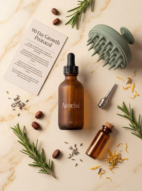 Atorisé complete system - Oil bottle, 90-Day Growth Protocol card, scalp massager, and applicator tip