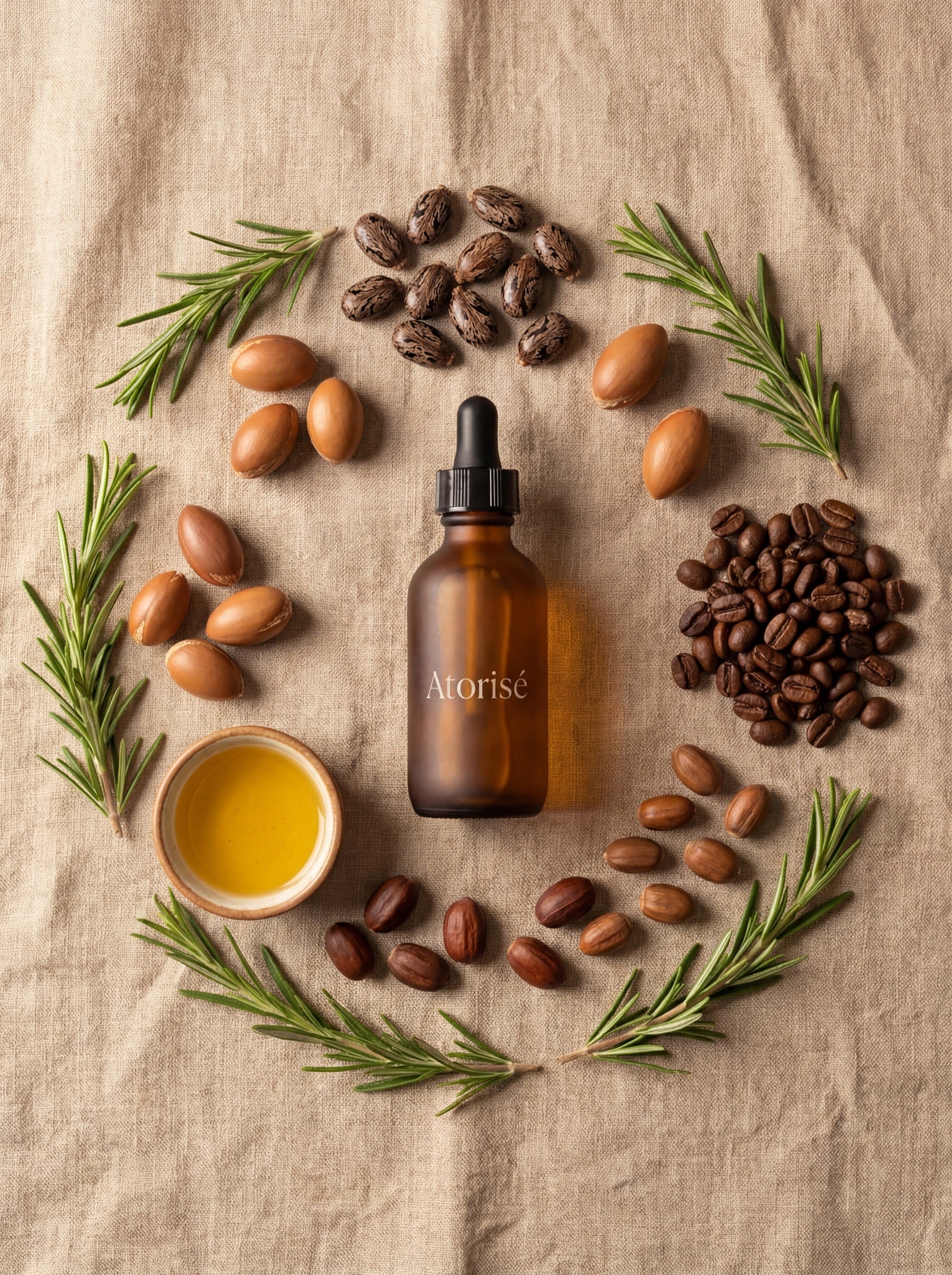 Atorisé natural ingredients - Rosemary, castor beans, argan nuts, coffee beans, jojoba seeds around the bottle
