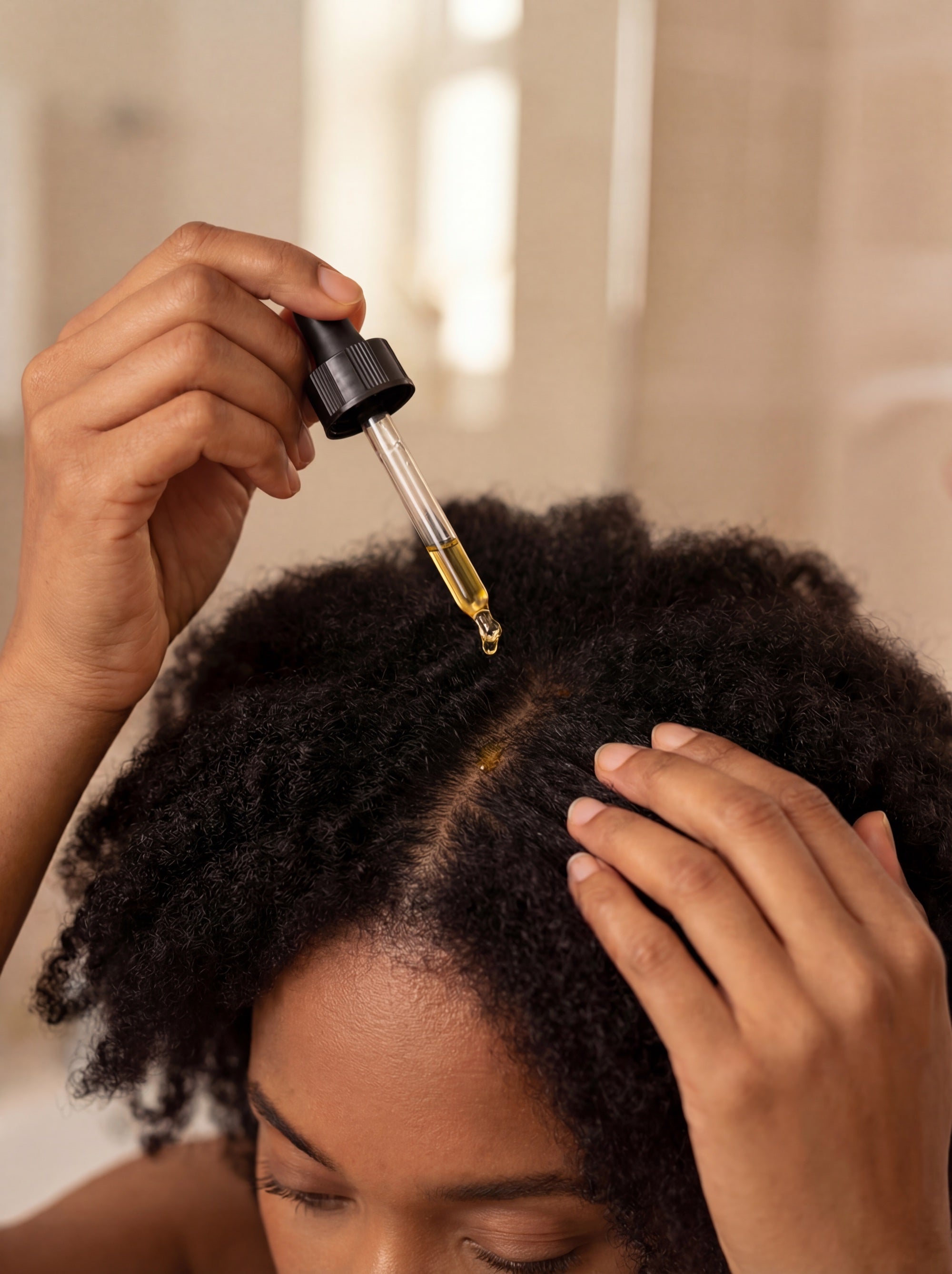 Woman applying Atorisé hair growth oil to scalp with dropper