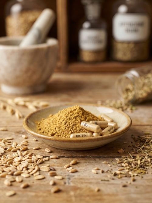 Biotin powder and capsules in apothecary setting